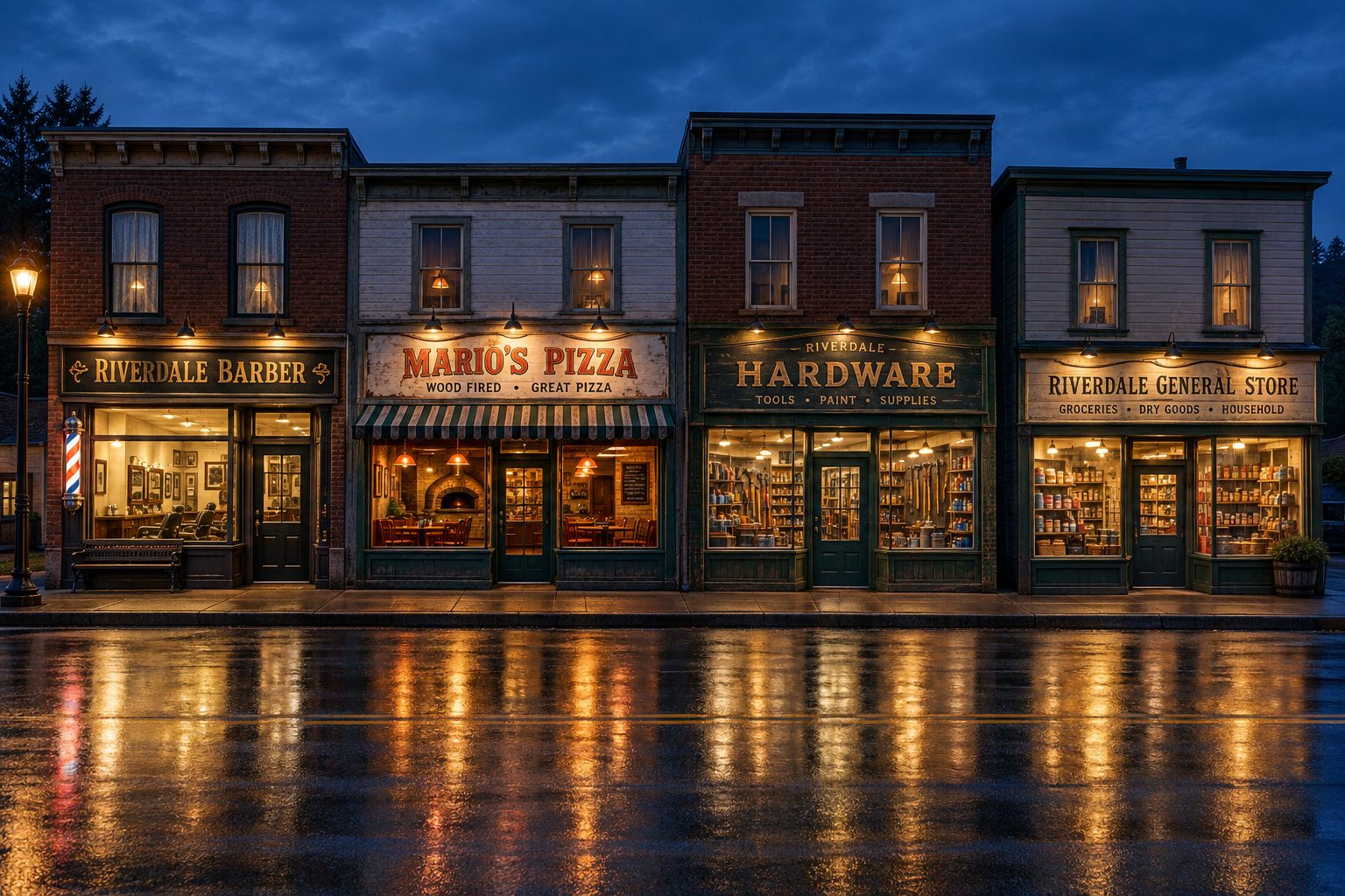 Four lit shopfronts in a row on a wet main street at dusk — a barber, a pizza place, a hardware store and a general store.